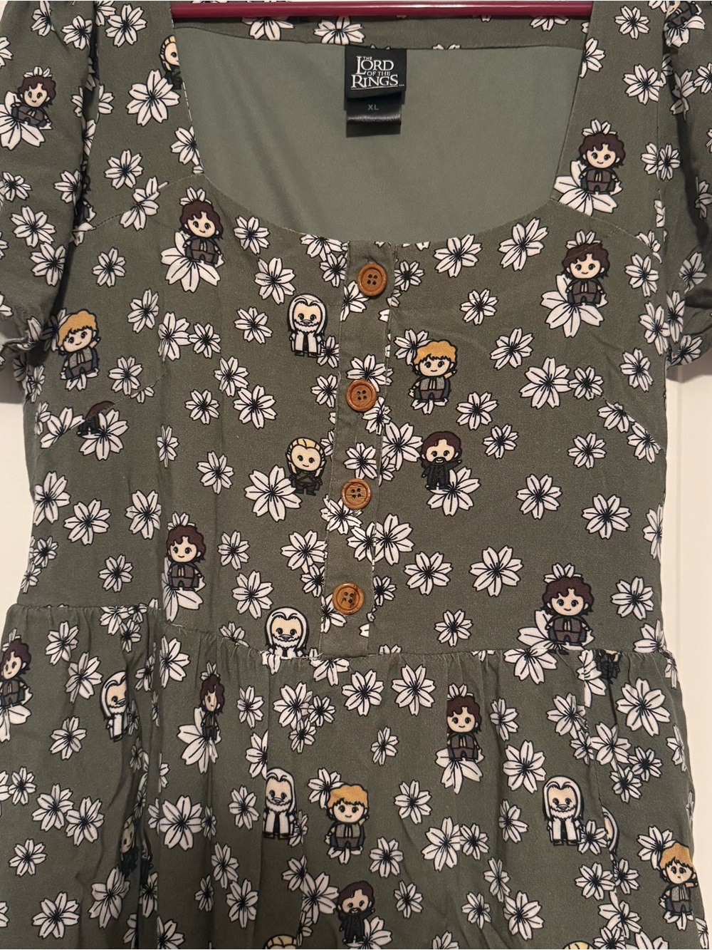 Lord of the Rings Olive Green Floral Button-Front Women’s Dress